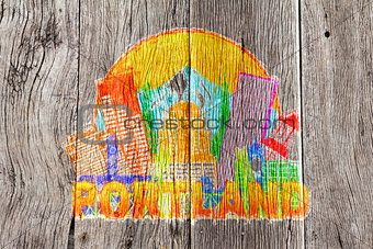 Portland Oregon Skyline Circle Color Wood Background Illustratio
