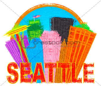 Seattle Abstract Skyline in Circle Impressionist Illustration
