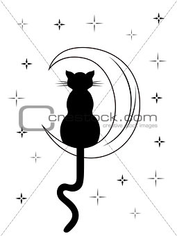Black cat with long tail sitting on the moon