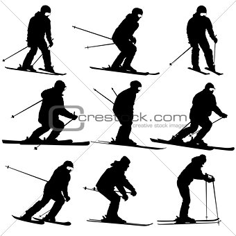 Mountain skier   men and woman speeding down slope. Vector sport