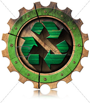 Recycle Green Symbol on Wooden Gear