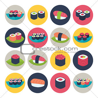 Sushi circular icon set