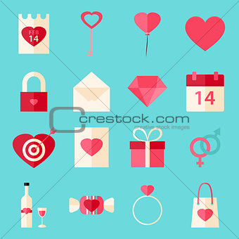 Valentine day flat style icons with over blue