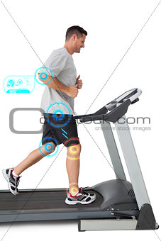 Composite image of full length of a young man running on a treadmill