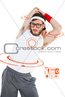 Composite image of geeky hipster stretching in sportswear