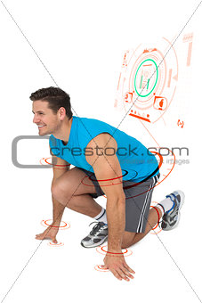 Composite image of side view of a sporty smiling man in running stance
