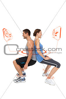 Composite image of side view of a fit young couple doing squats