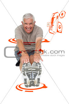 Composite image of portrait of a senior man stretching hands to legs