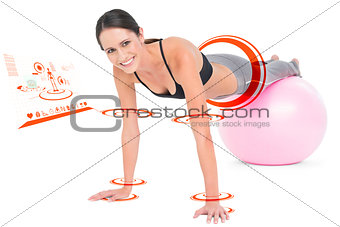 Composite image of fit woman doing push ups on fitness ball