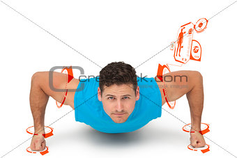 Composite image of portrait of a determined man doing push ups
