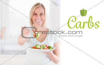 Carbs against woman offering salad