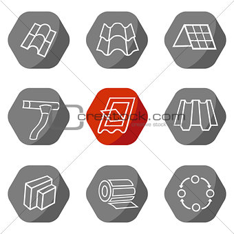 Sale buildings materials (roof, facade) site icons set