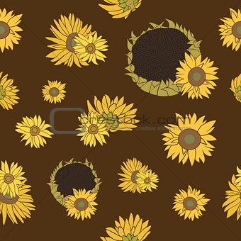Sunflower vector seamless pattern on the dark background