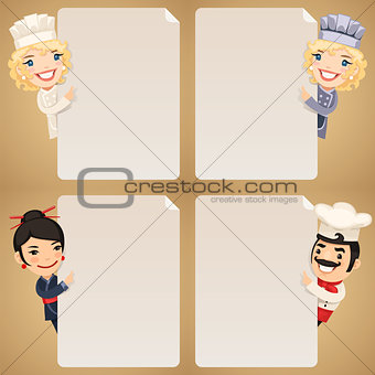 Chefs Cartoon Characters Looking at Blank Poster Set