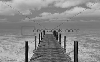Black and white 3D image of a jetty landscape