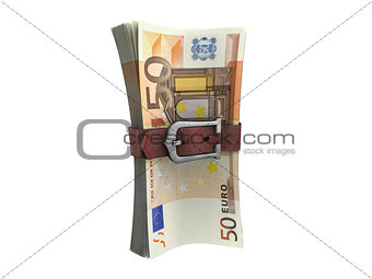 Belted stack of euro money banknotes