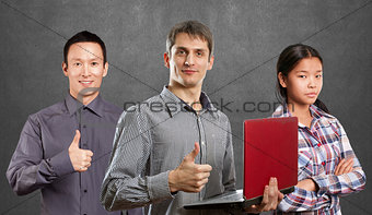 Asian team and man with laptop in his hands and woman