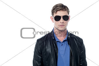 Young man wearing black leather jacket