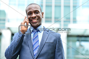 Smiling male professional talking on cell phone