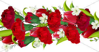 Seamless horizontal border with carnations and tulips