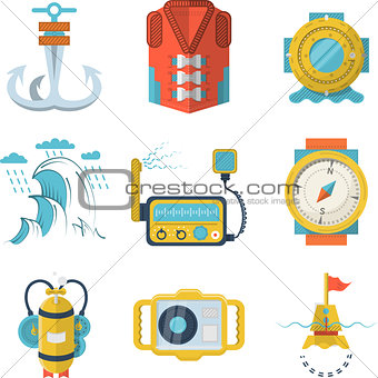 Nautical flat color design vector icons