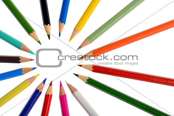 A circle of coloring crayons isolated on white background