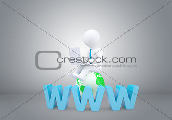 Graphic man with tie sitting on globe. Background of gray wall