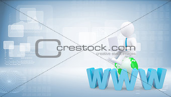Graphic man with tie sitting on globe. Background of virtual screens