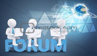 Team of white people with ties and laptops sitting on forum. Background earth globe