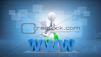 Graphic man with tie sitting on globe. Background of virtual screens