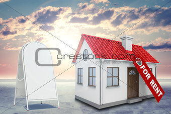 White house with label for rent, red roof, chimney and sidewalk sign. Background sun shines brightly