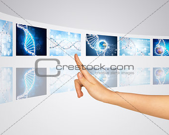 Subject genes earth globe. Finger presses one of virtual screens