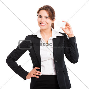 Businesswoman holding  a business card