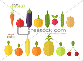 Vector set of low poly fruits and vegetables 