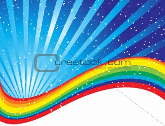 Rainbow concept image surrounded by stars on a blue nights sky