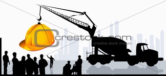 men standing in a construction site with earth mover lifting a hardhat