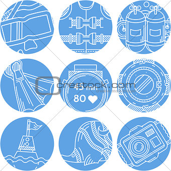 Round blue vector icons for diving