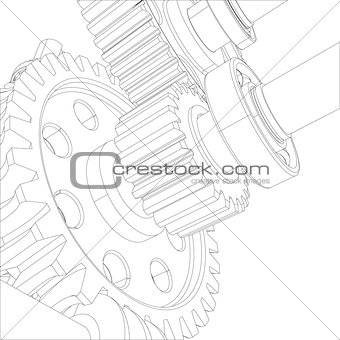Wire-frame gears with bearings and shafts. Close-up