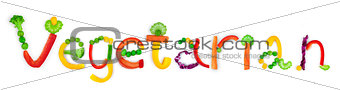 inscription vegetarian pieces of vegetables on white background