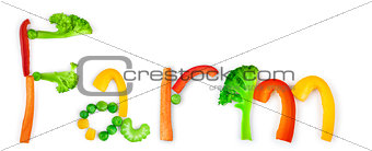 inscription farm from pieces of vegetables on white background