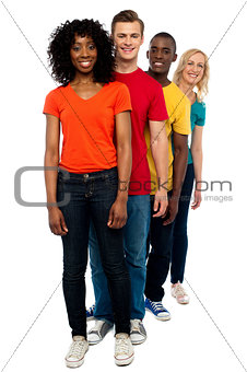 Line of casual friends dressed in colorful attires