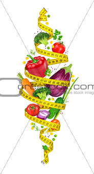 Concept of diet. Measuring tape spiral twists vegetables in the 