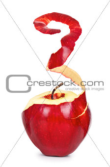 ripe red apple with peeled skin on a white background