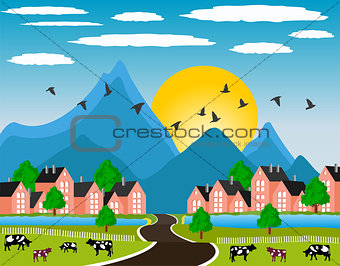 Rural landscape with small town in mountain
