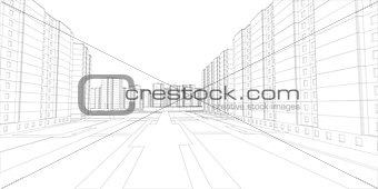 Wire-frame buildings and street. Vector