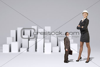 Small businessman looking at large businesswoman. Many white cubes as backdrop