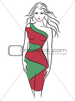 Beautiful woman in a slinky two-tone dress