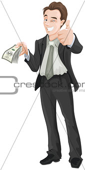 Happy man holding money and showing ok