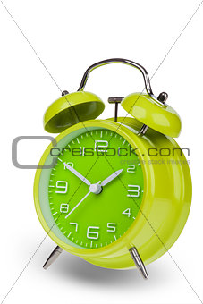Green alarm clock with the hands at 10 and 2
