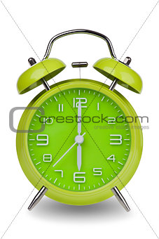 Green alarm clock with hands at 6 am or pm
